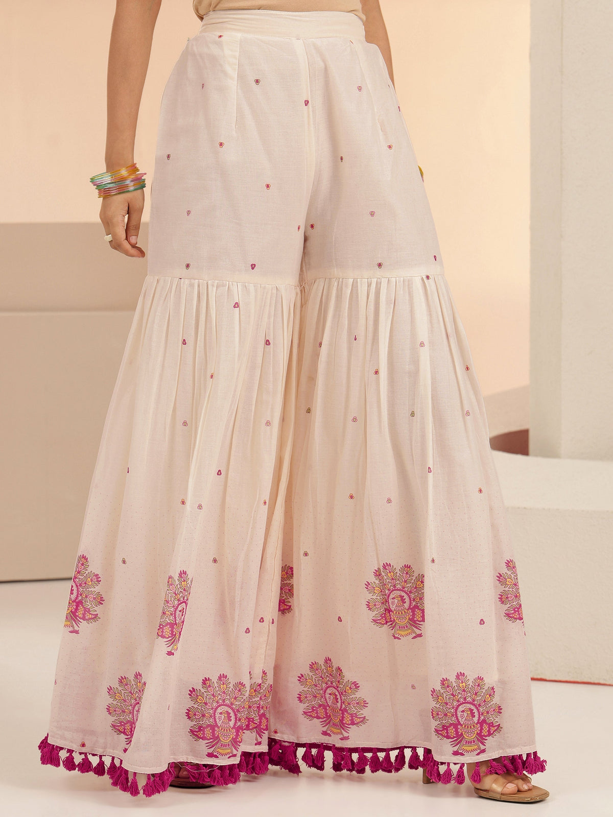 Anouk Off White Printed Cotton Sharara Suit Set with Tassel Details