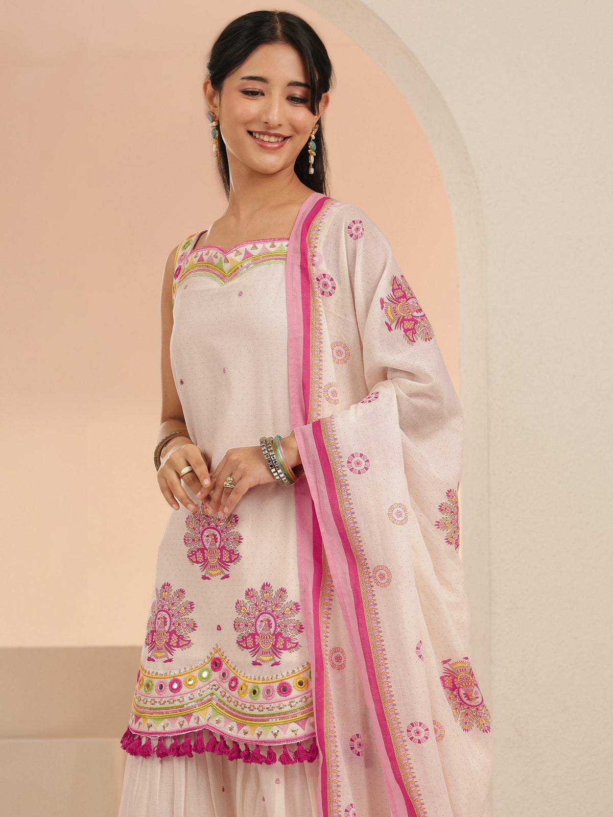 Anouk Off White Printed Cotton Sharara Suit Set with Tassel Details
