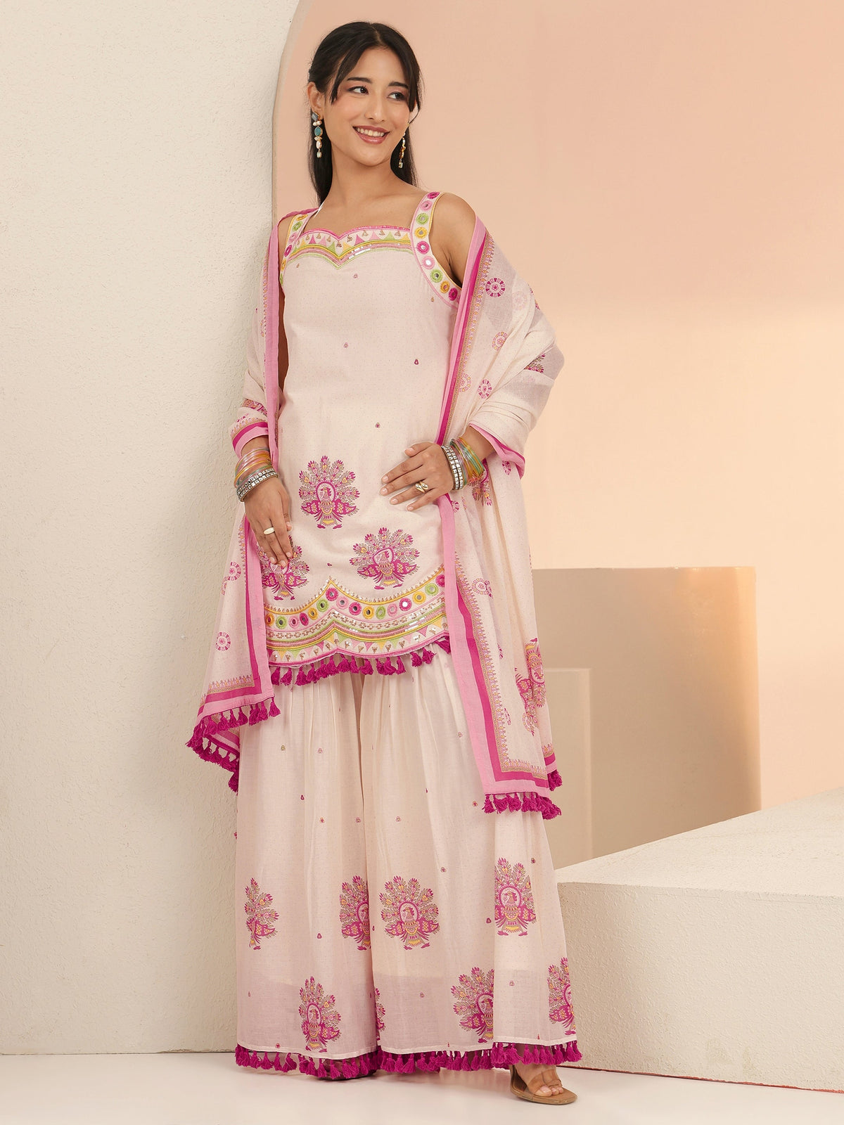 Anouk Off White Printed Cotton Sharara Suit Set with Tassel Details
