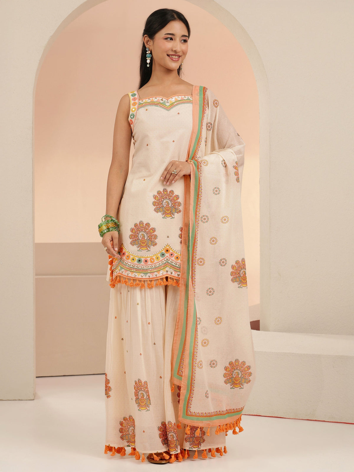 Anouk Off White Printed Cotton Sharara Suit Set with Tassel Details