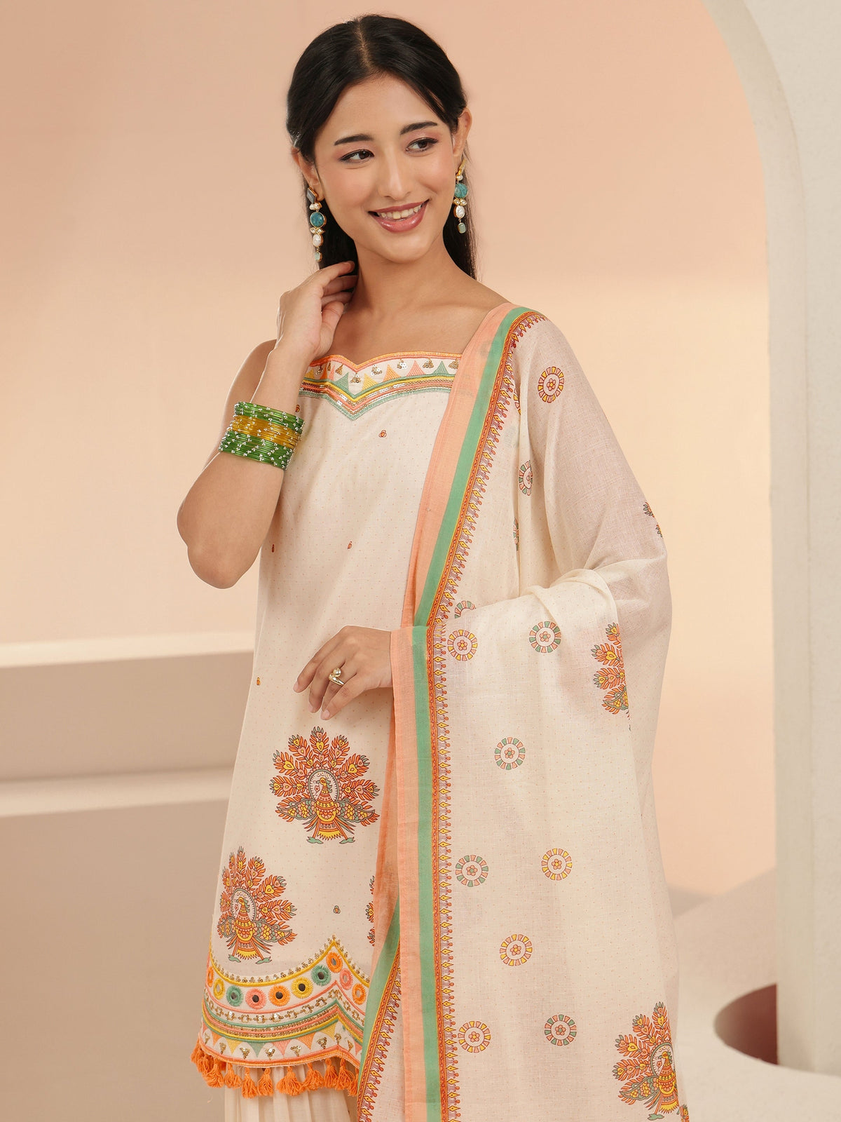 Anouk Off White Printed Cotton Sharara Suit Set with Tassel Details