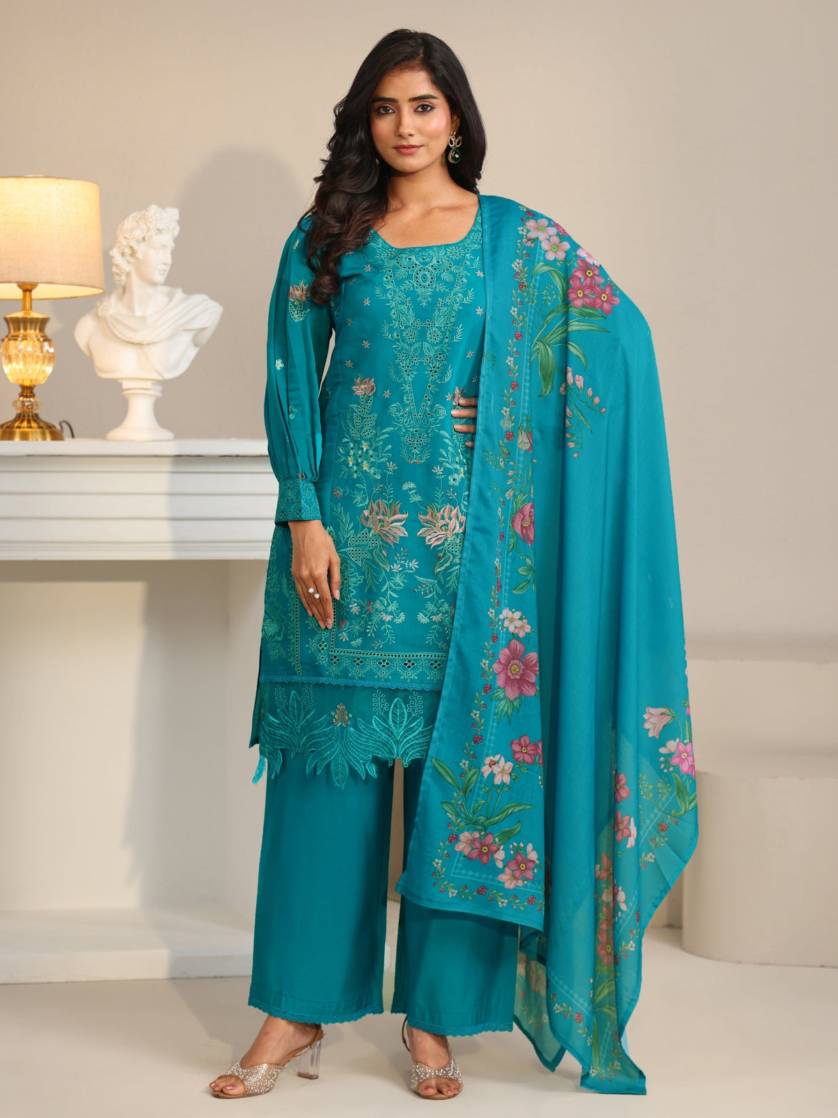 Anouk Turquoise Blue Floral Embroidered Chanderi Cotton Straight Suit Set