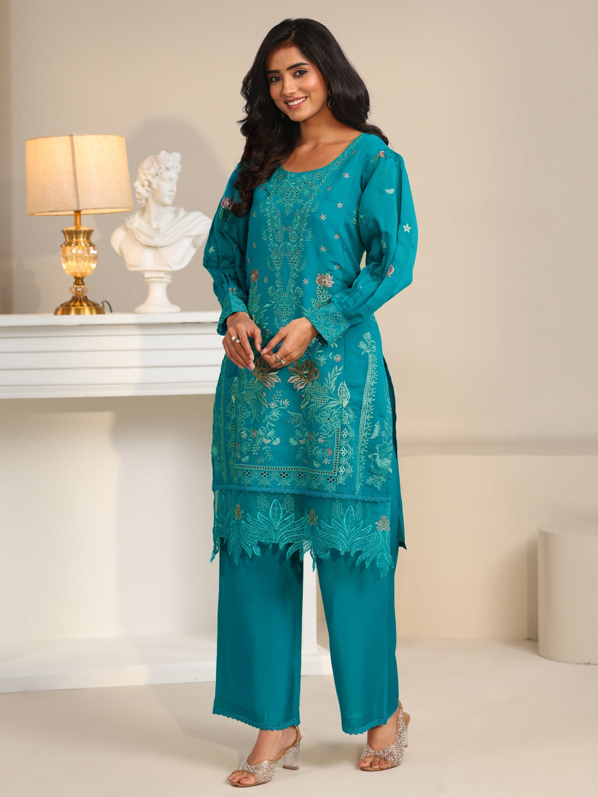 Anouk Turquoise Blue Floral Embroidered Chanderi Cotton Straight Suit Set