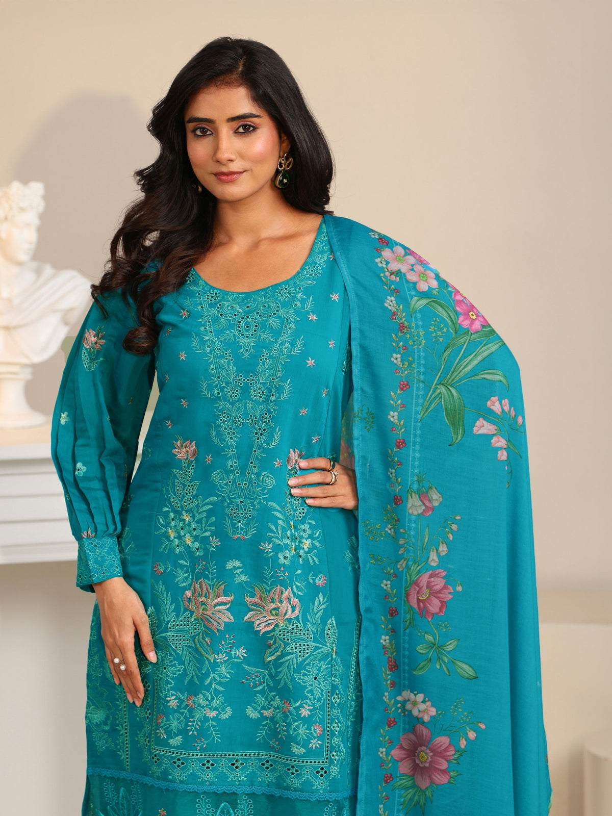 Anouk Turquoise Blue Floral Embroidered Chanderi Cotton Straight Suit Set