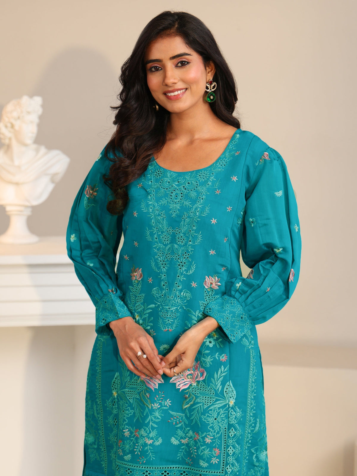 Anouk Turquoise Blue Floral Embroidered Chanderi Cotton Straight Suit Set