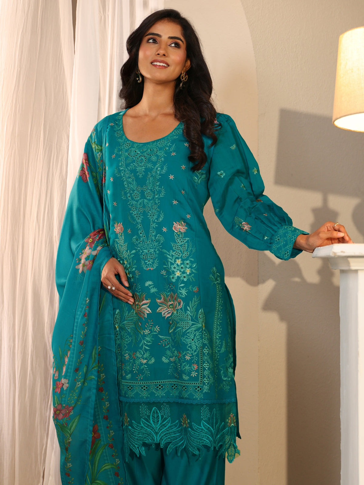 Anouk Turquoise Blue Floral Embroidered Chanderi Cotton Straight Suit Set