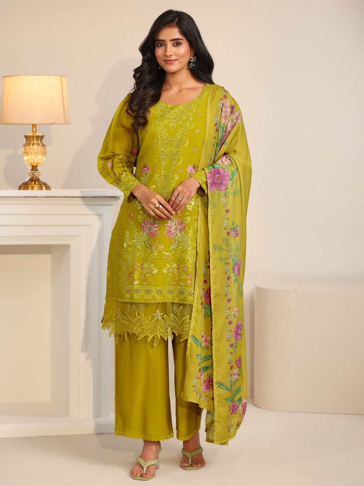 Anouk Henna Green Floral Embroidered Chanderi Cotton Straight Suit Set