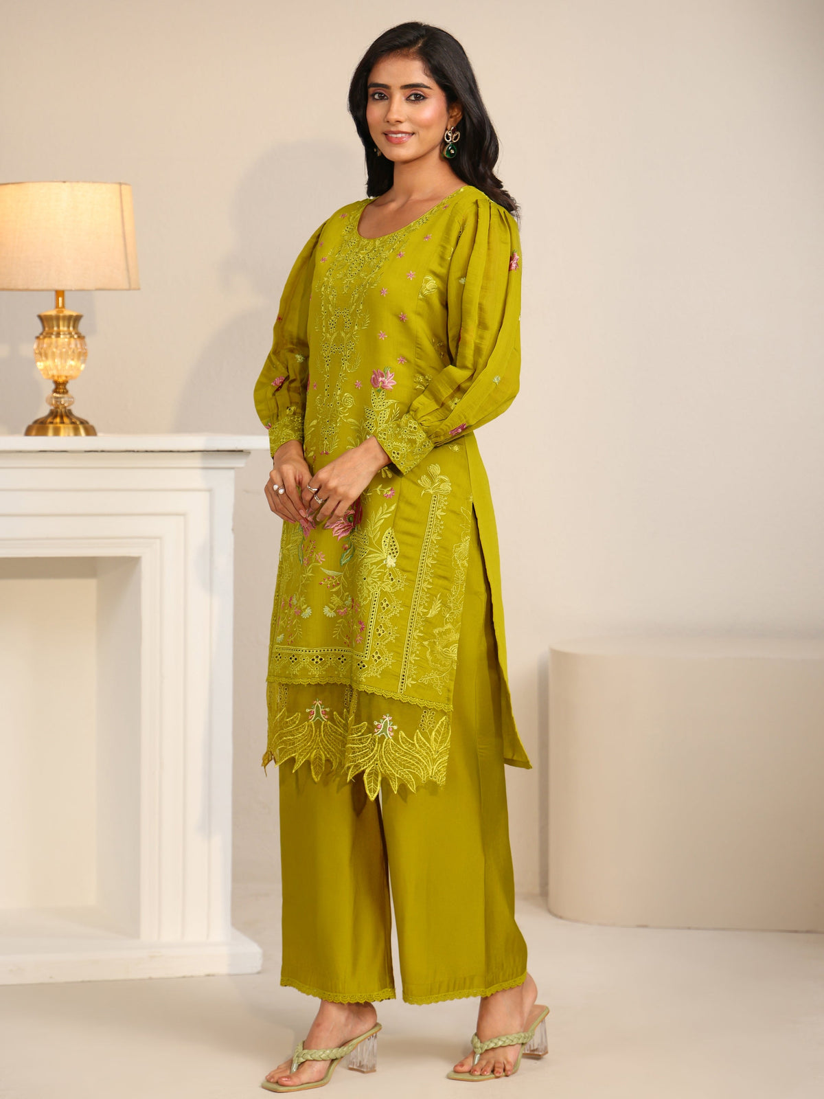 Anouk Henna Green Floral Embroidered Chanderi Cotton Straight Suit Set