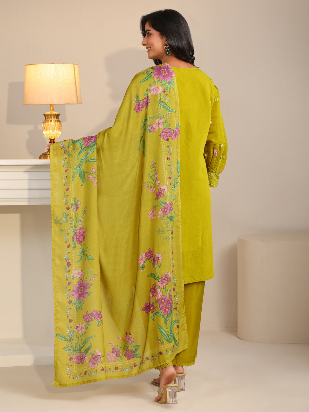 Anouk Henna Green Floral Embroidered Chanderi Cotton Straight Suit Set