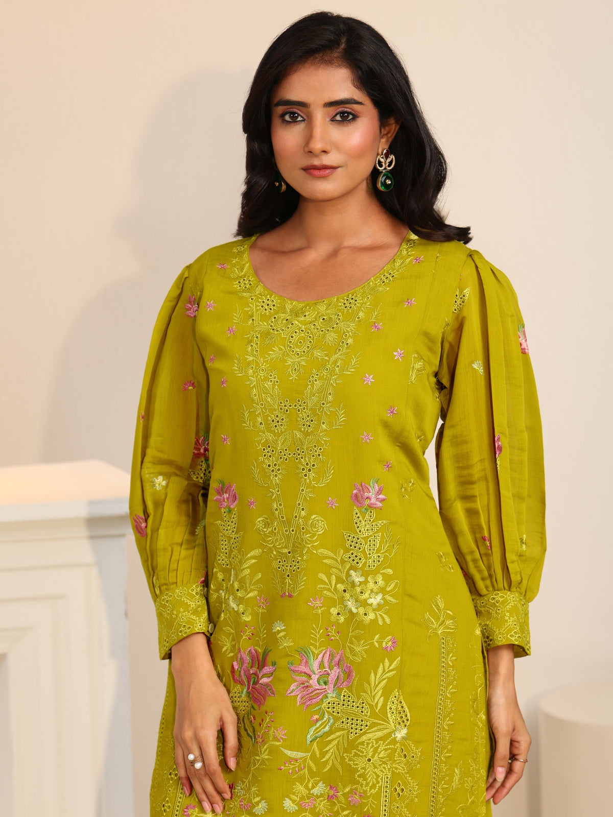 Anouk Henna Green Floral Embroidered Chanderi Cotton Straight Suit Set