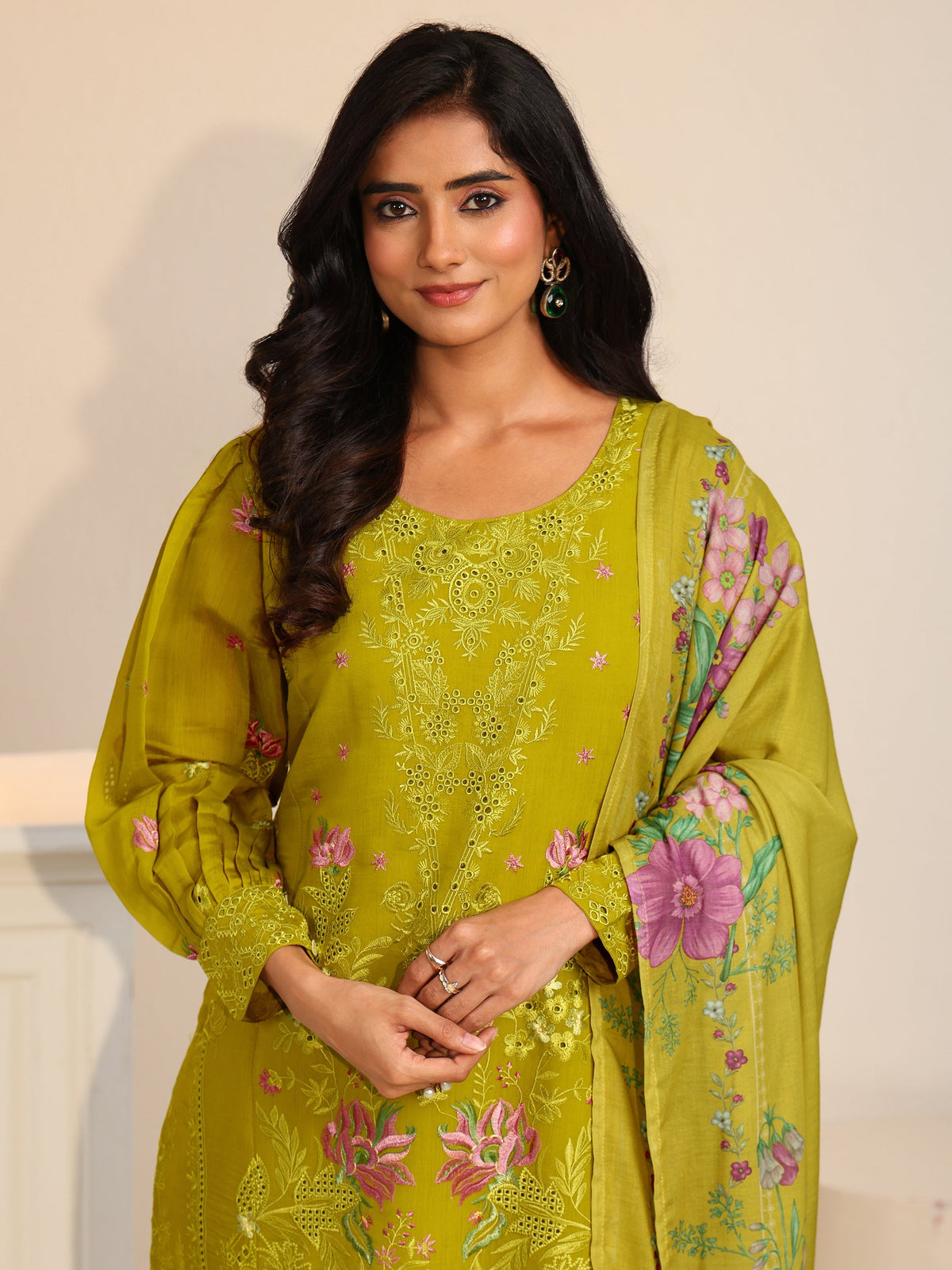 Anouk Henna Green Floral Embroidered Chanderi Cotton Straight Suit Set