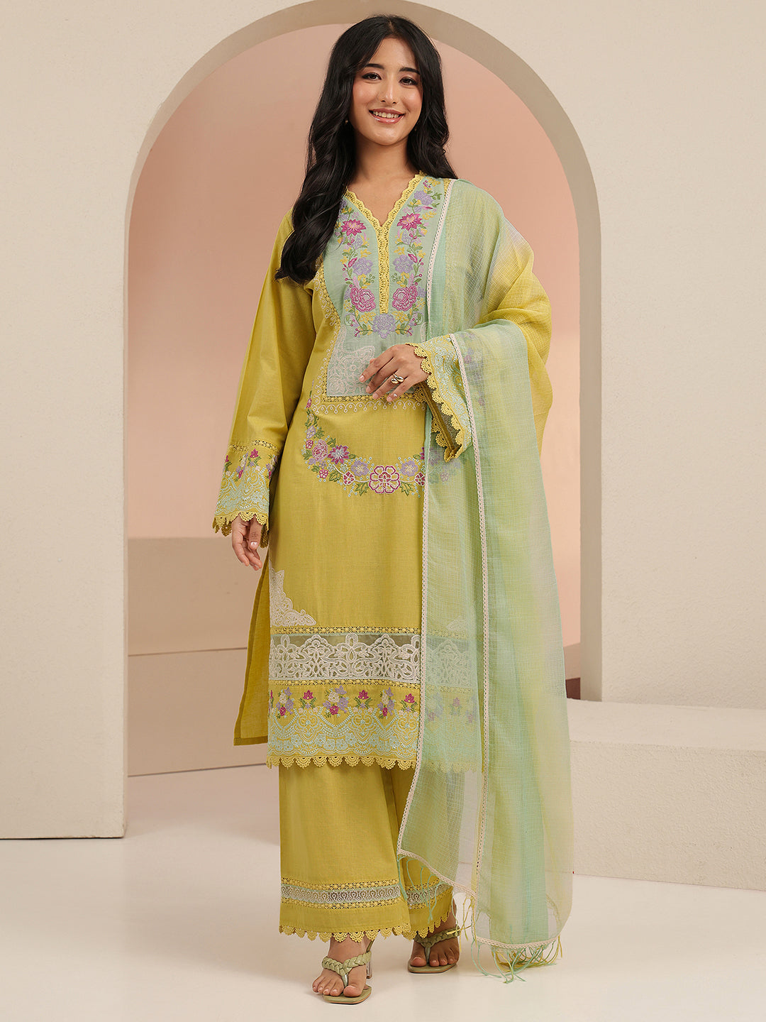 Anouk Yellow Floral Embroidered Cotton Straight Suit Set