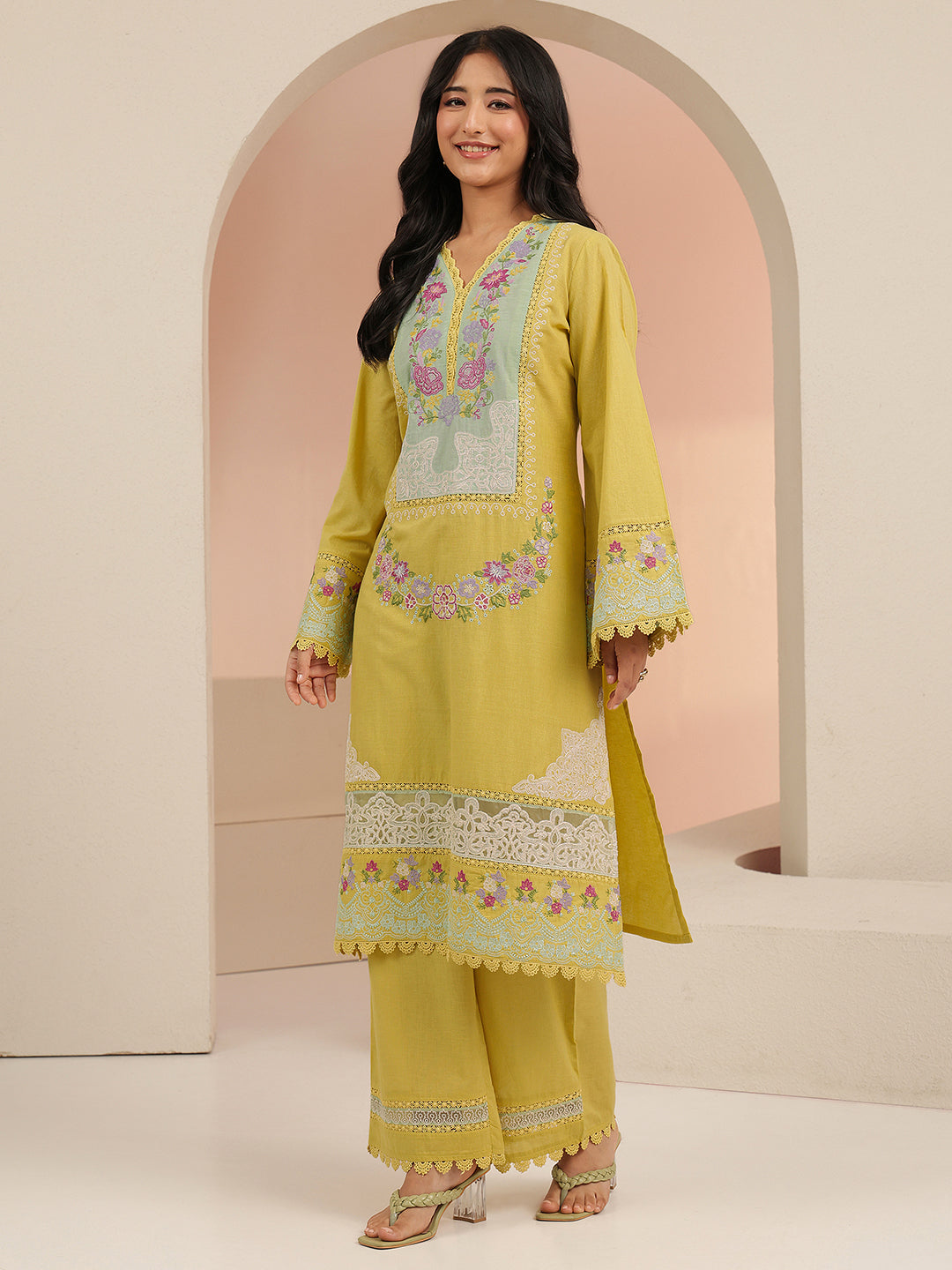 Anouk Yellow Floral Embroidered Cotton Straight Suit Set