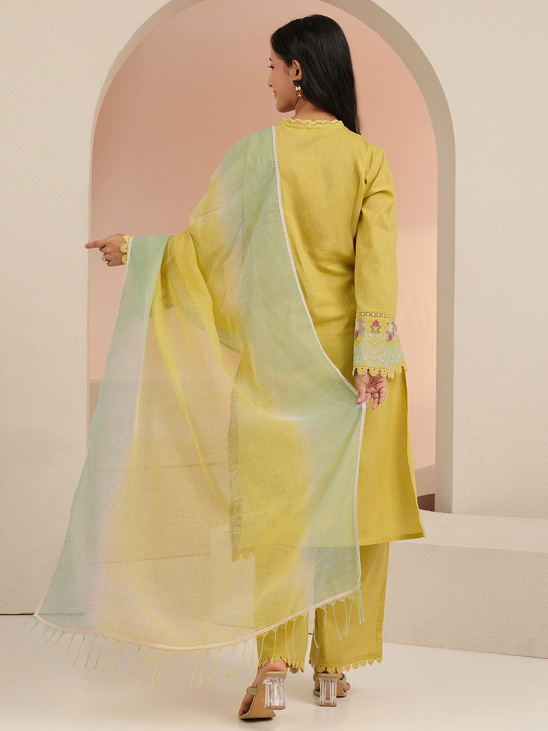 Anouk Yellow Floral Embroidered Cotton Straight Suit Set