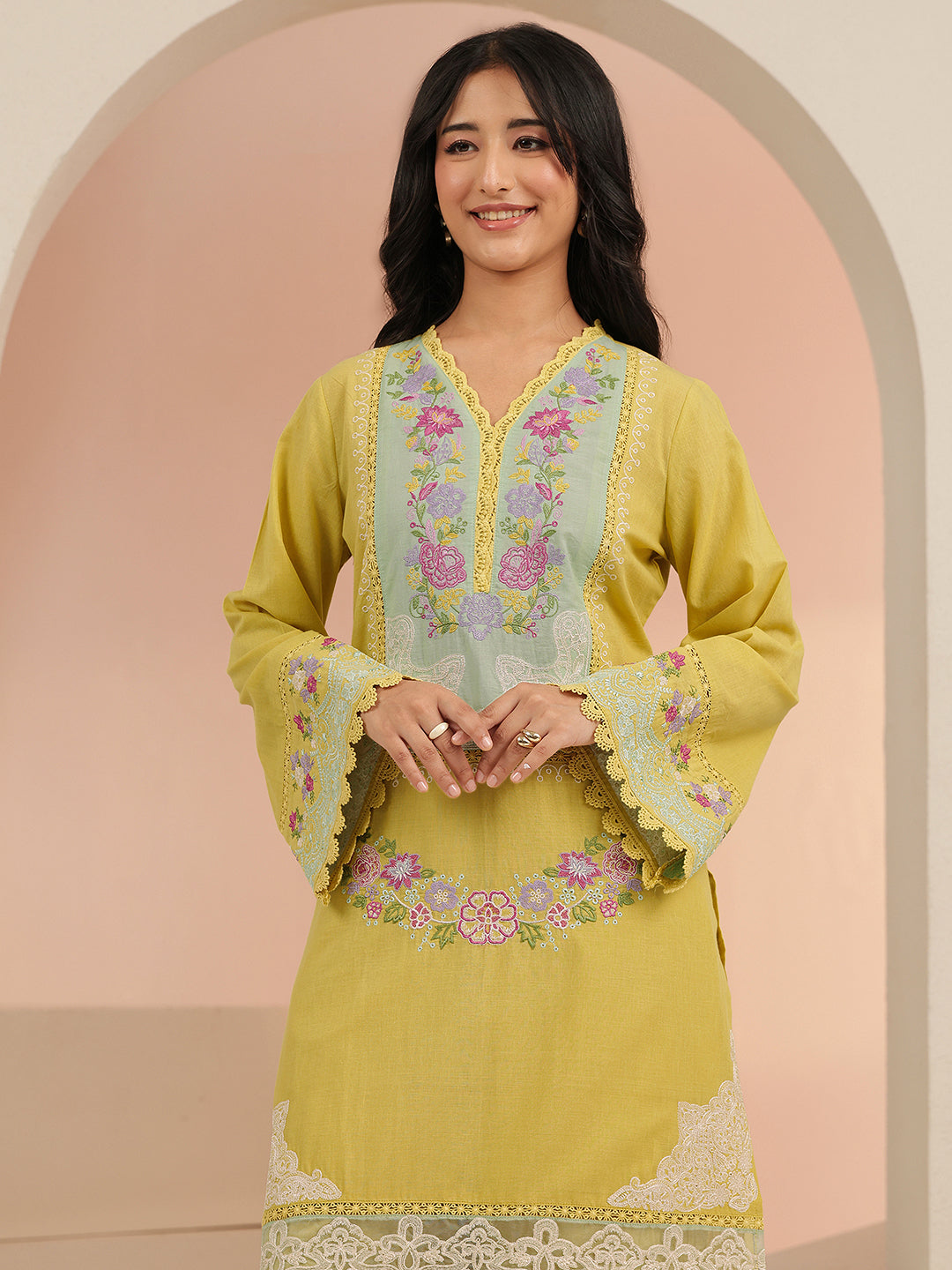 Anouk Yellow Floral Embroidered Cotton Straight Suit Set