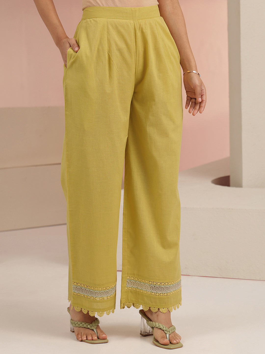 Anouk Yellow Floral Embroidered Cotton Straight Suit Set