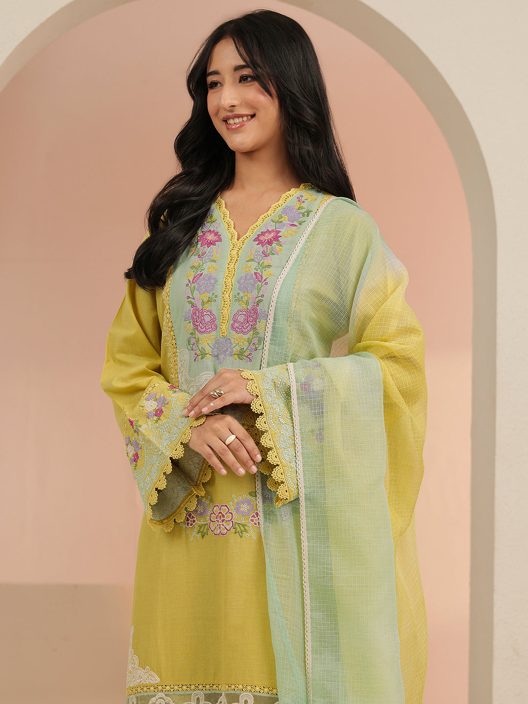 Anouk Yellow Floral Embroidered Cotton Straight Suit Set