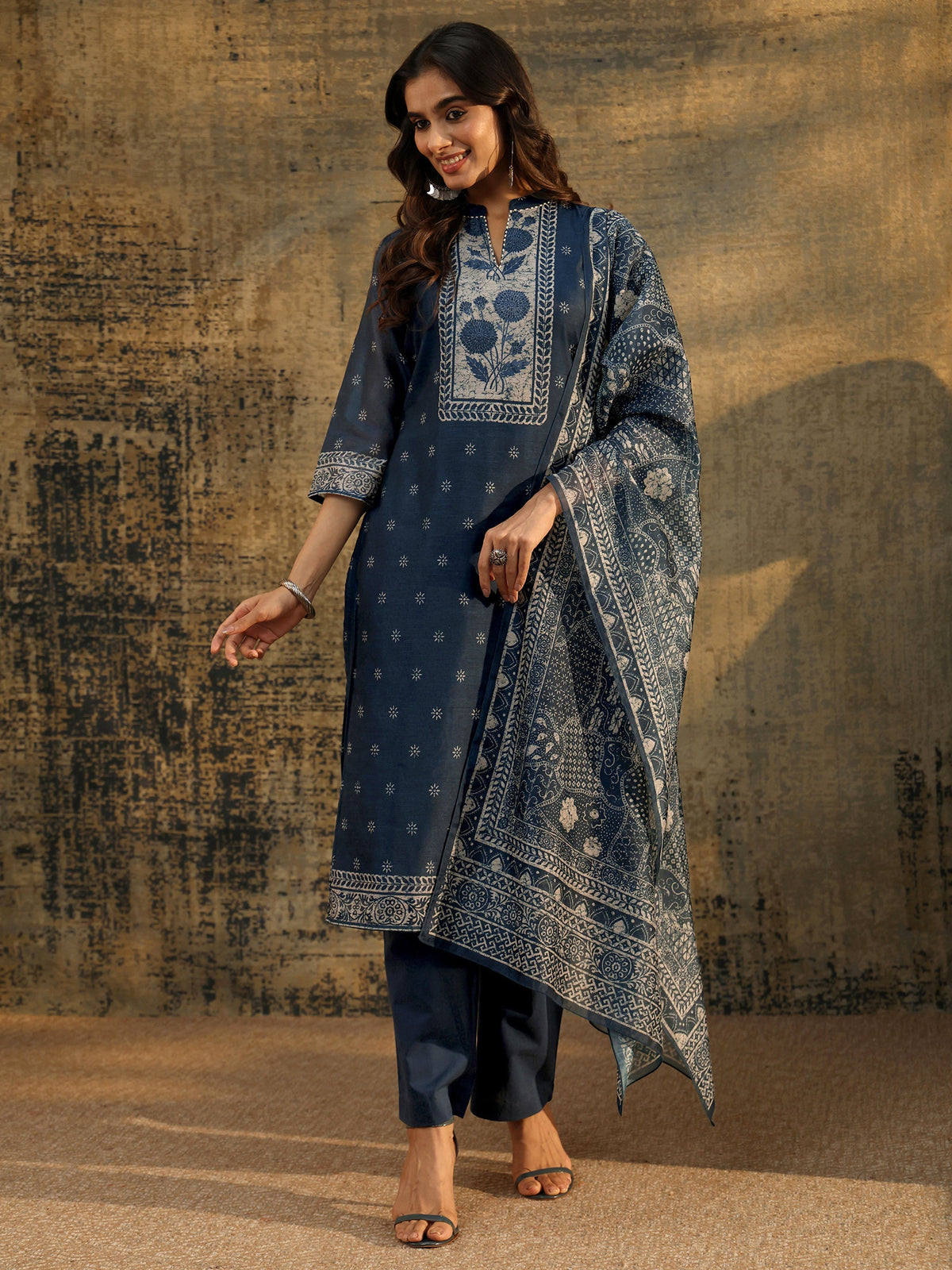 Anouk Indigo Blue Floral Printed Chanderi Silk Straight Suit Set