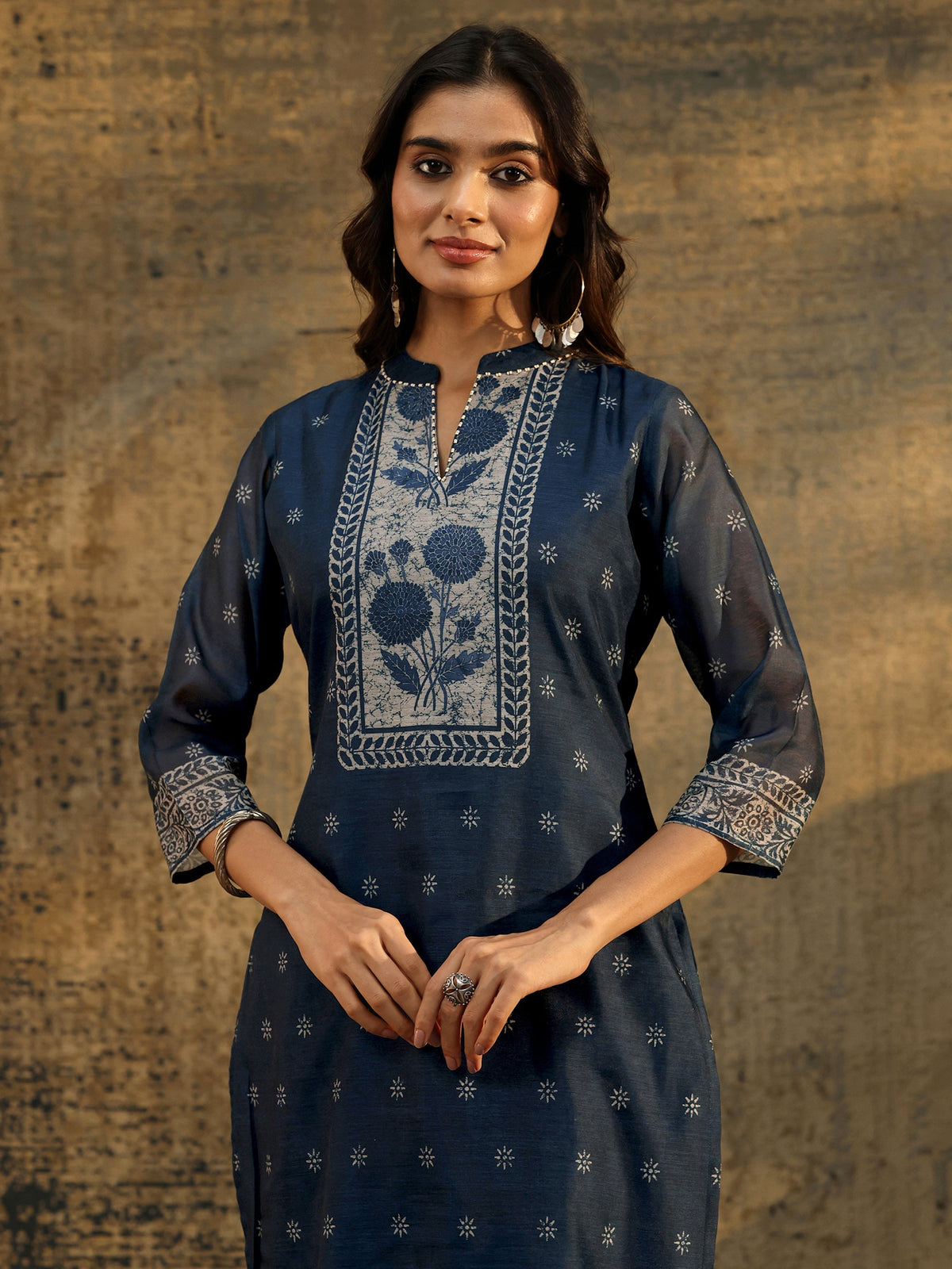 Anouk Indigo Blue Floral Printed Chanderi Silk Straight Suit Set