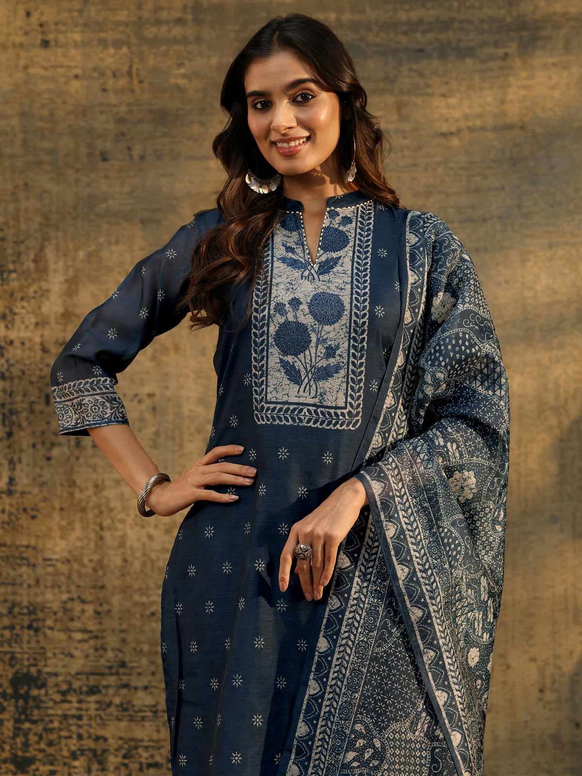 Anouk Indigo Blue Floral Printed Chanderi Silk Straight Suit Set