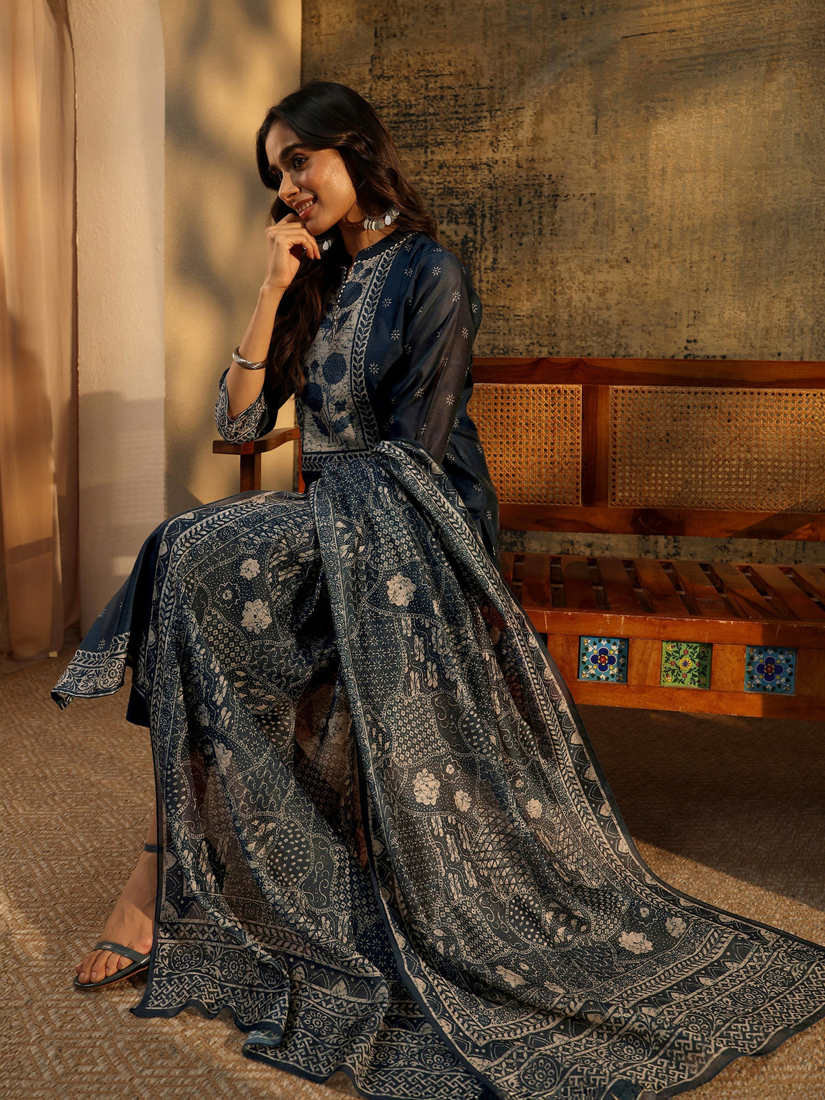 Anouk Indigo Blue Floral Printed Chanderi Silk Straight Suit Set
