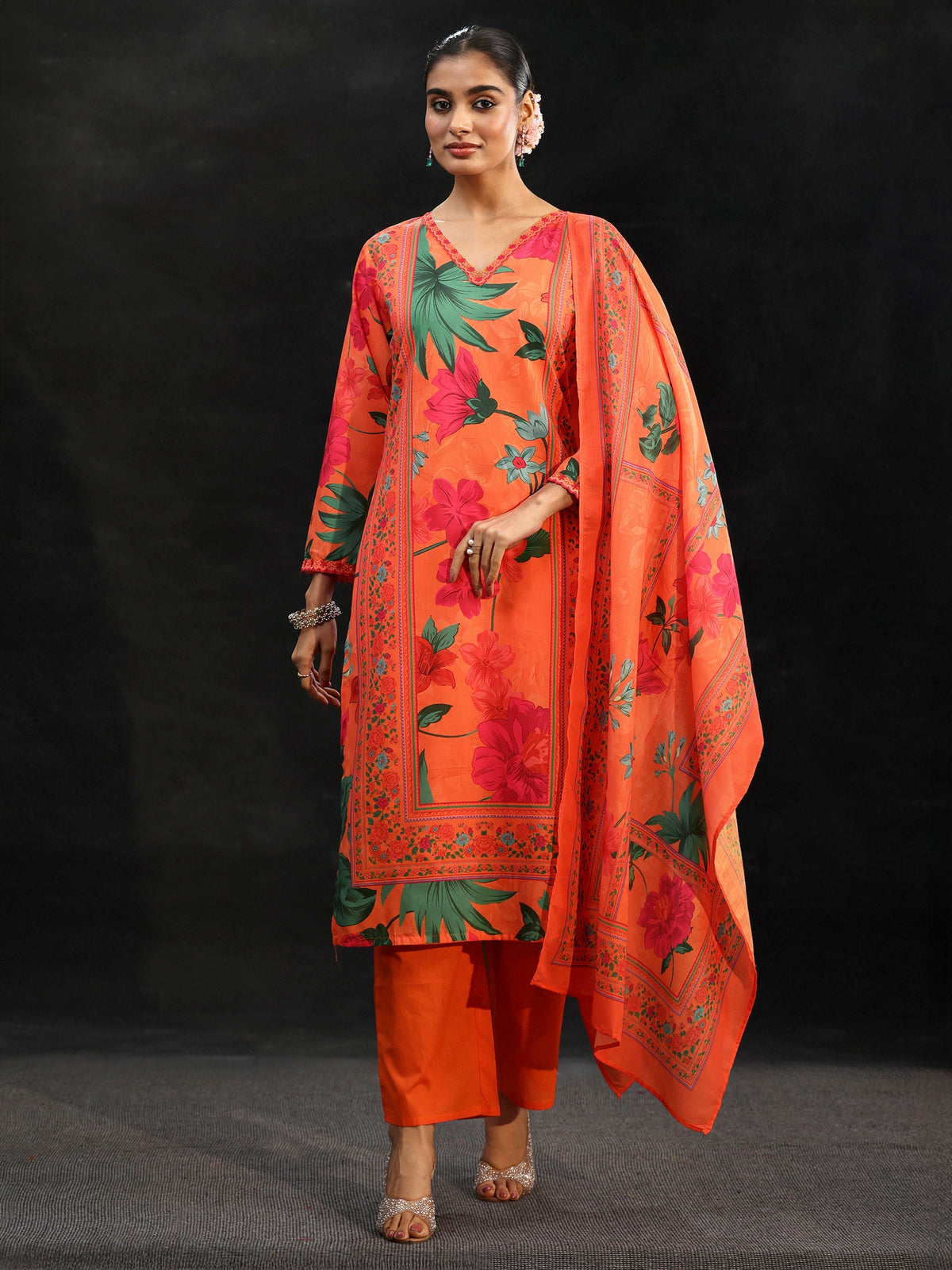 Anouk Orange Floral Printed Cotton Blend Straight Suit Set
