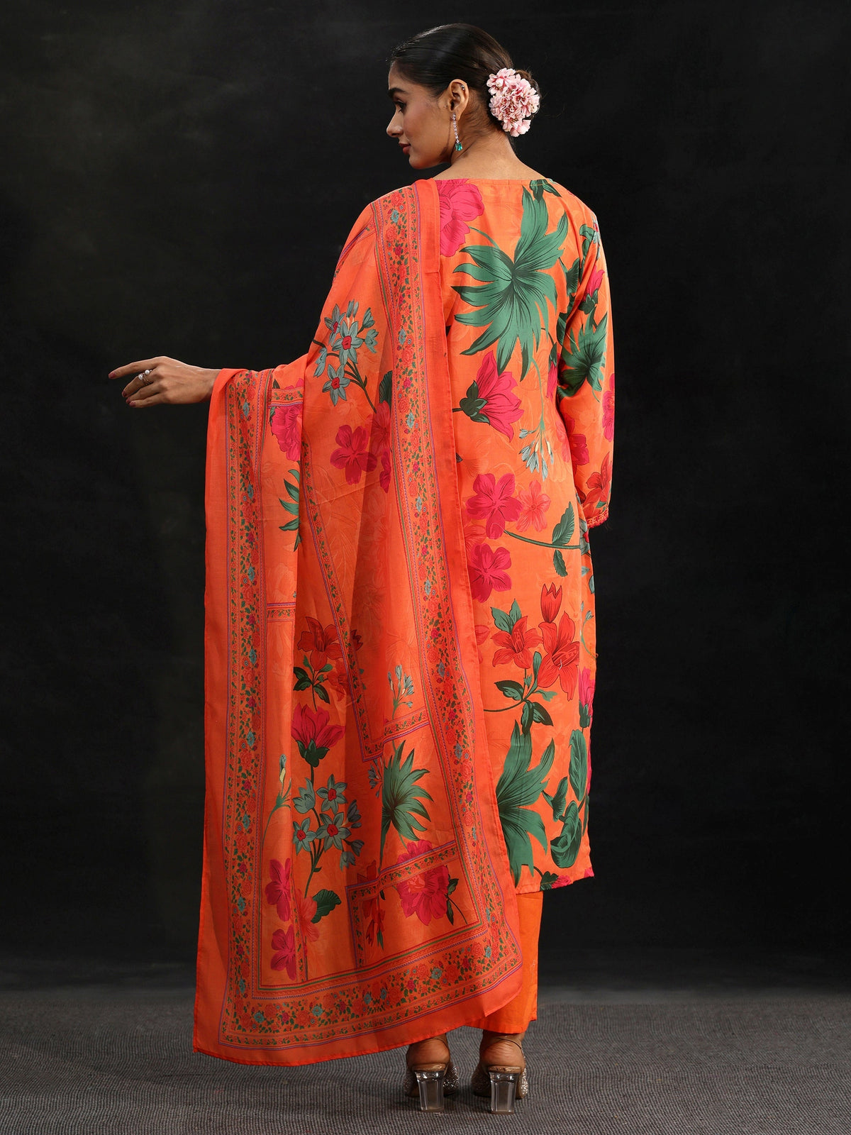 Anouk Orange Floral Printed Cotton Blend Straight Suit Set