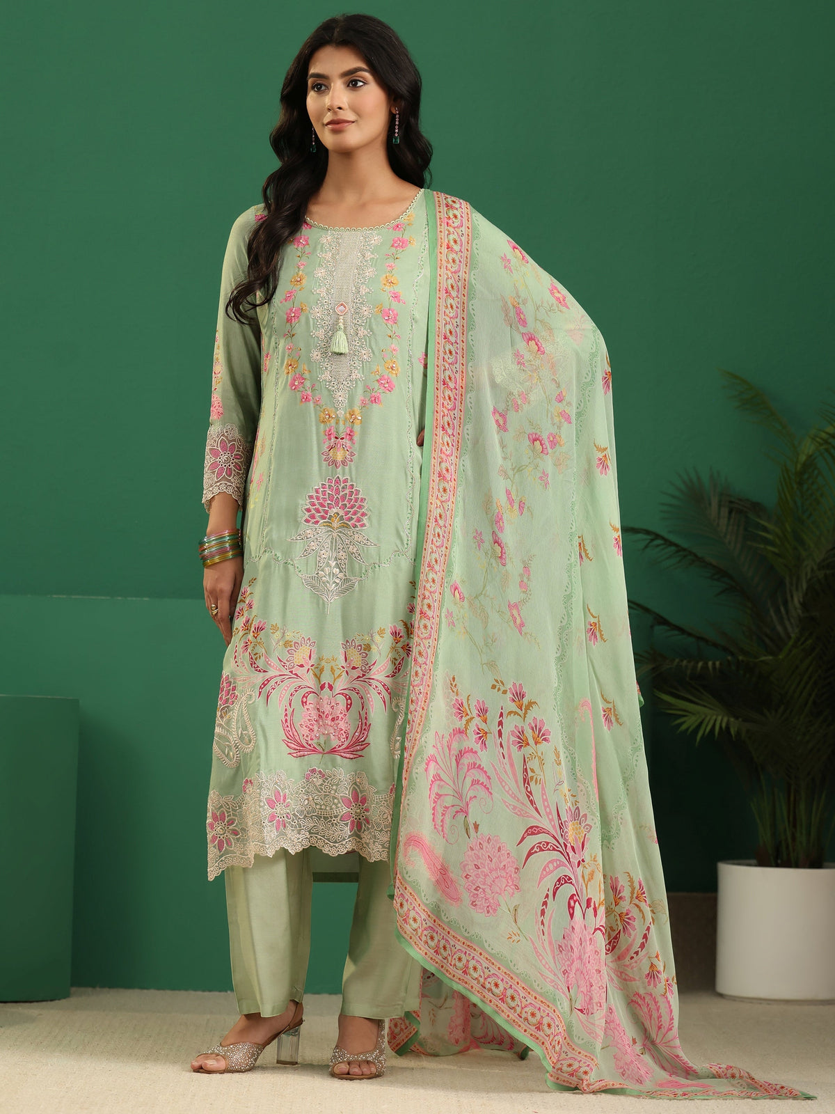 Anouk Pista Green Floral Embroidered Crepe Straight Suit Set