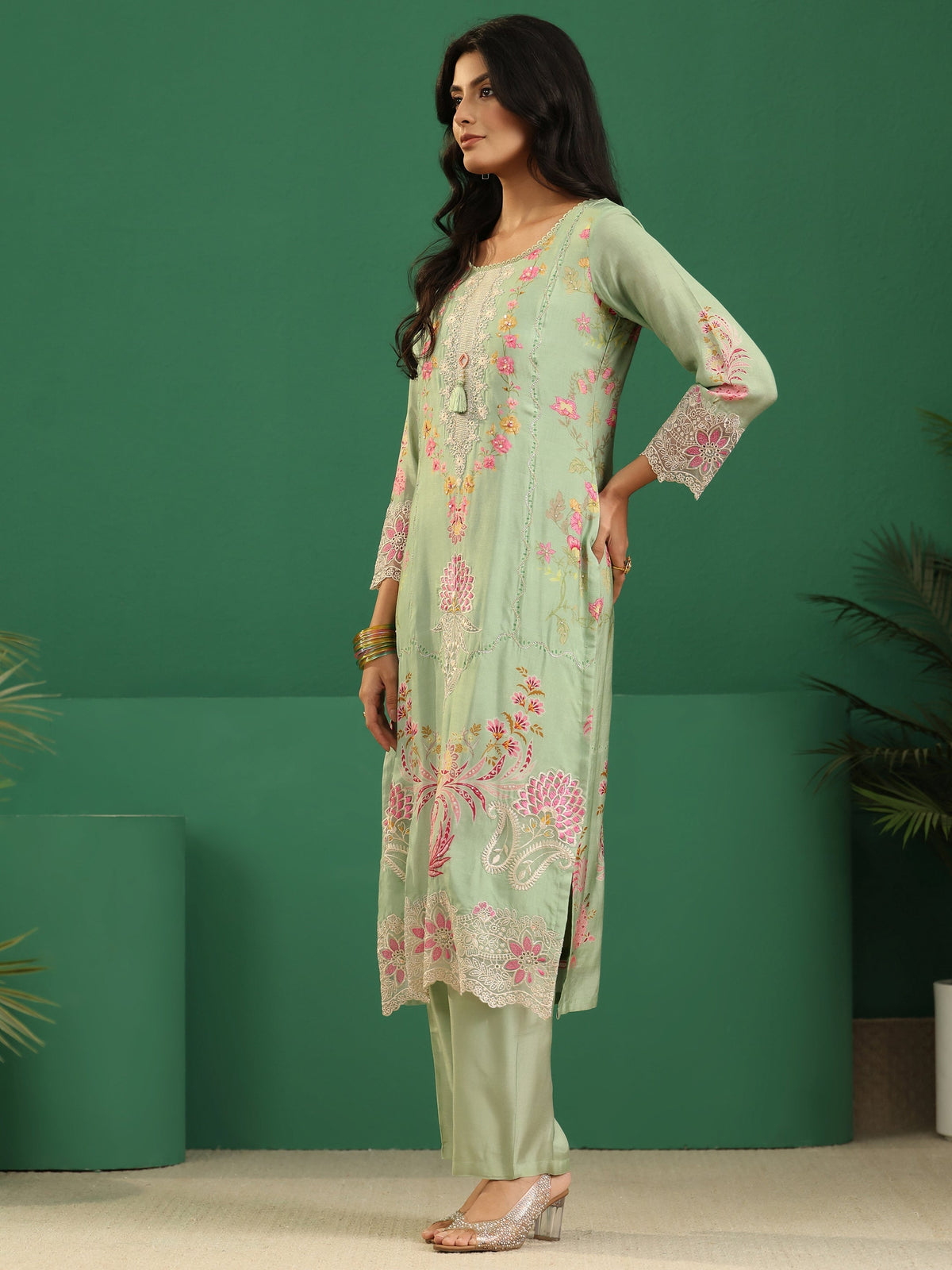 Anouk Pista Green Floral Embroidered Crepe Straight Suit Set