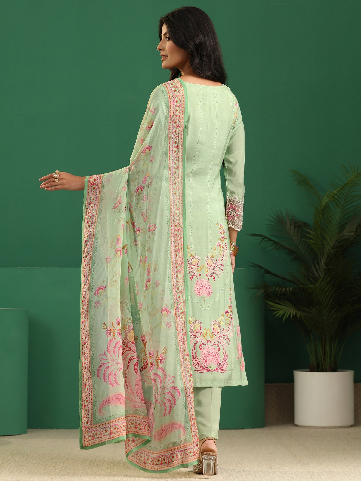 Anouk Pista Green Floral Embroidered Crepe Straight Suit Set