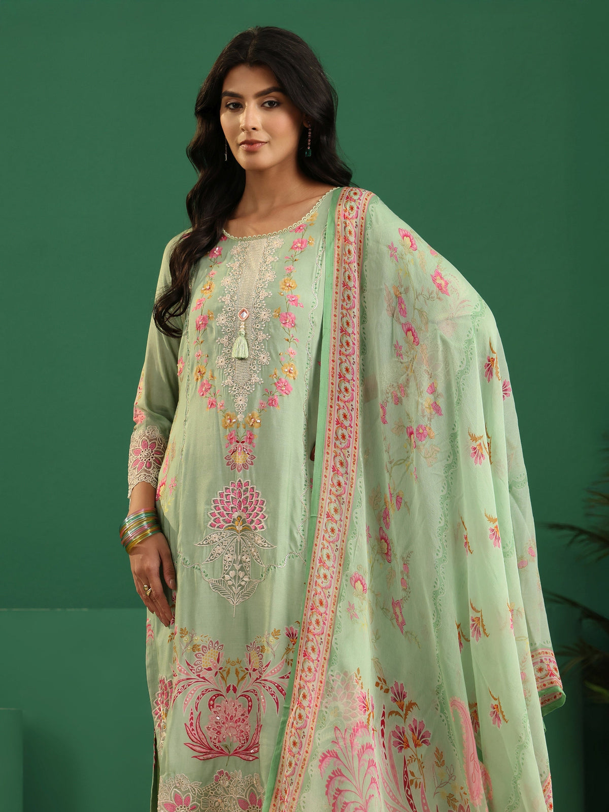 Anouk Pista Green Floral Embroidered Crepe Straight Suit Set
