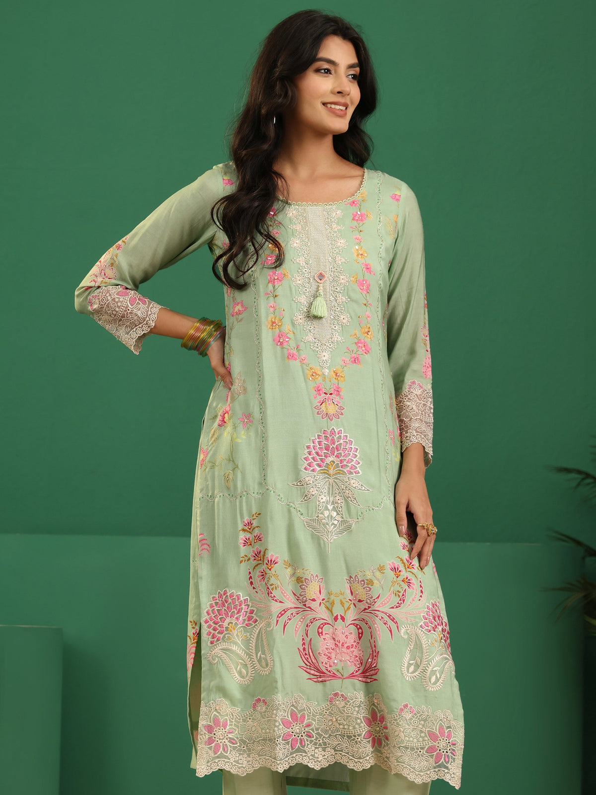 Anouk Pista Green Floral Embroidered Crepe Straight Suit Set