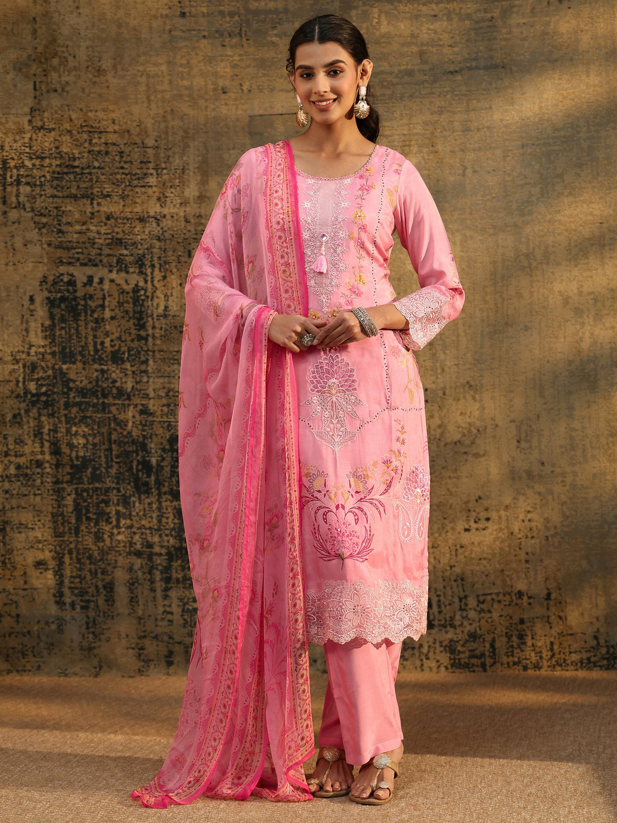 Anouk Pink Floral Embroidered Crepe Straight Suit Set