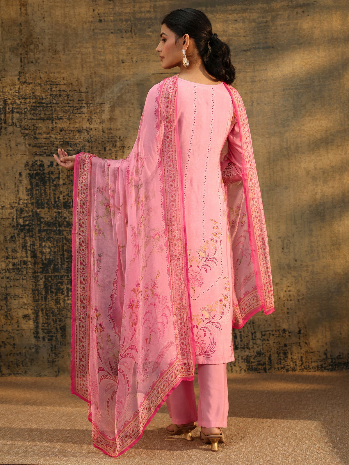 Anouk Pink Floral Embroidered Crepe Straight Suit Set