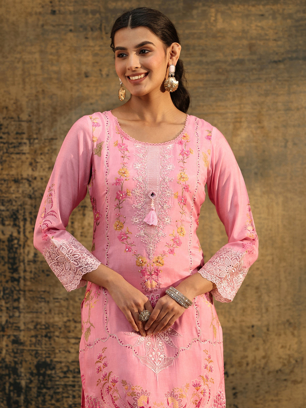Anouk Pink Floral Embroidered Crepe Straight Suit Set
