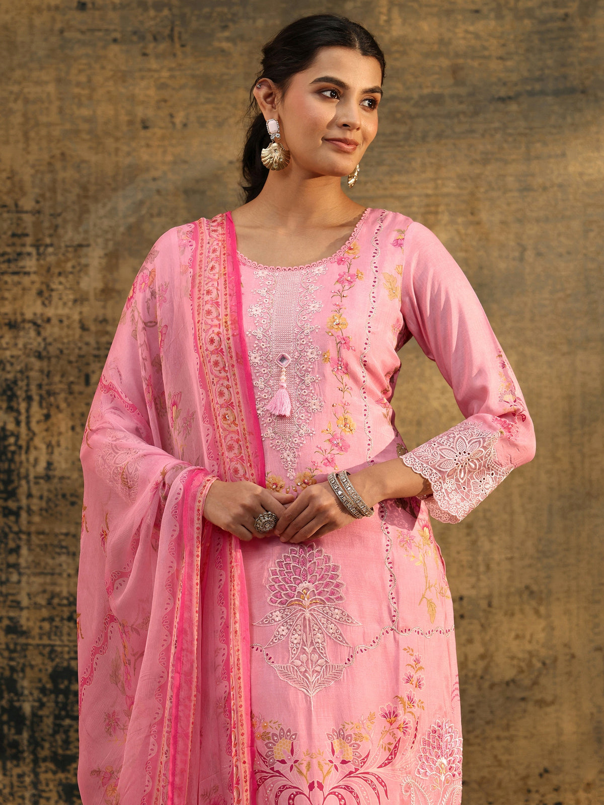 Anouk Pink Floral Embroidered Crepe Straight Suit Set