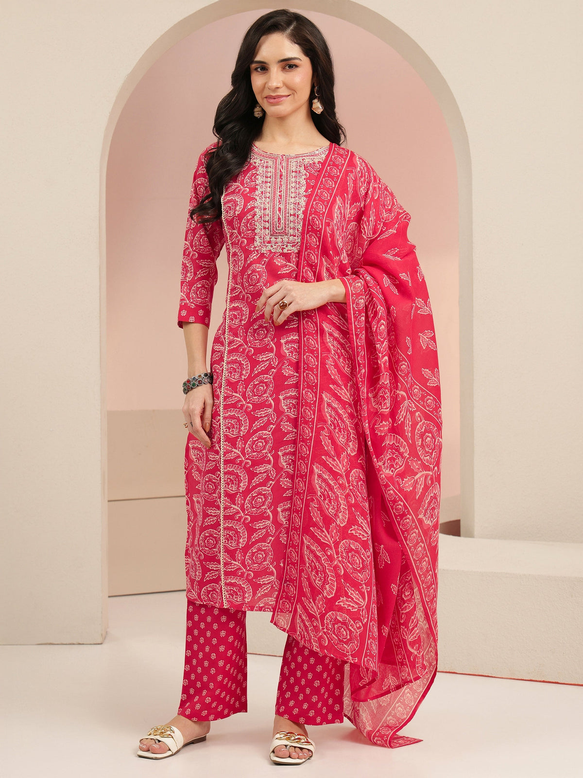 Anouk Raspberry Red Floral Printed Cotton Straight Suit Set