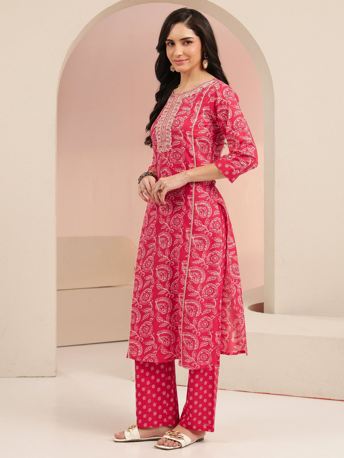 Anouk Raspberry Red Floral Printed Cotton Straight Suit Set