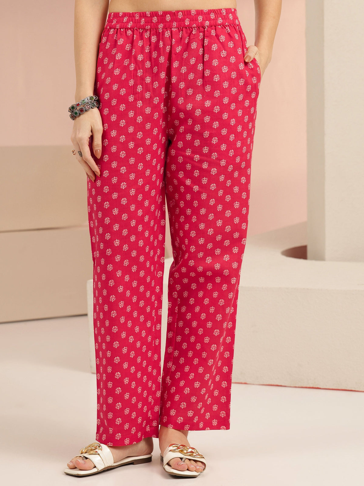 Anouk Raspberry Red Floral Printed Cotton Straight Suit Set