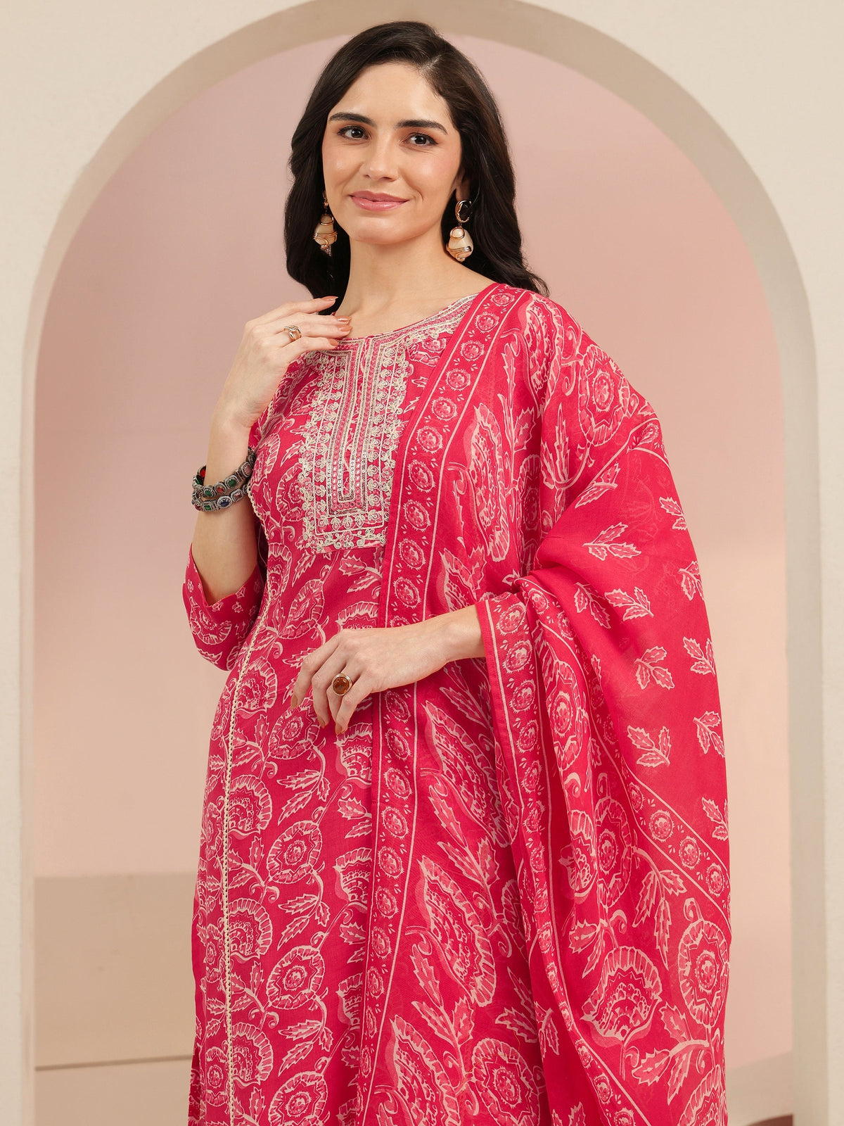 Anouk Raspberry Red Floral Printed Cotton Straight Suit Set