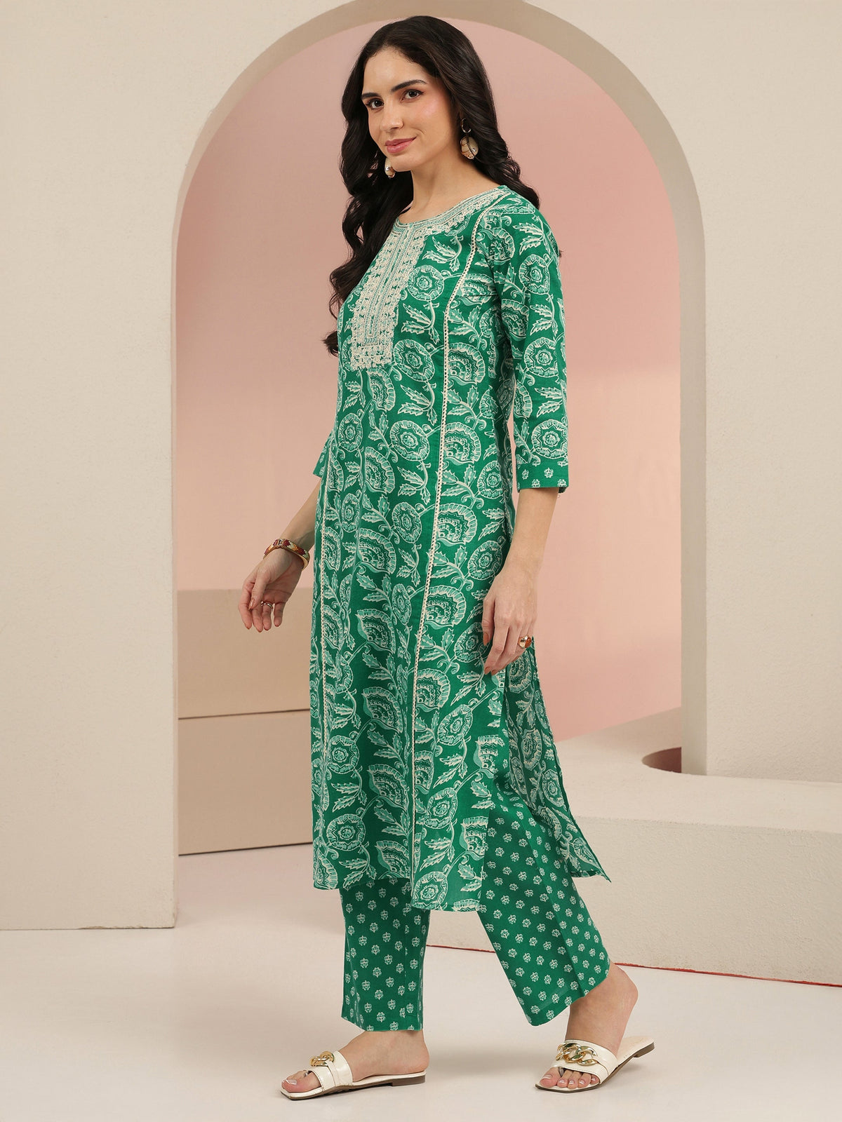 Anouk Emerald Green Printed Cotton Straight Suit Set