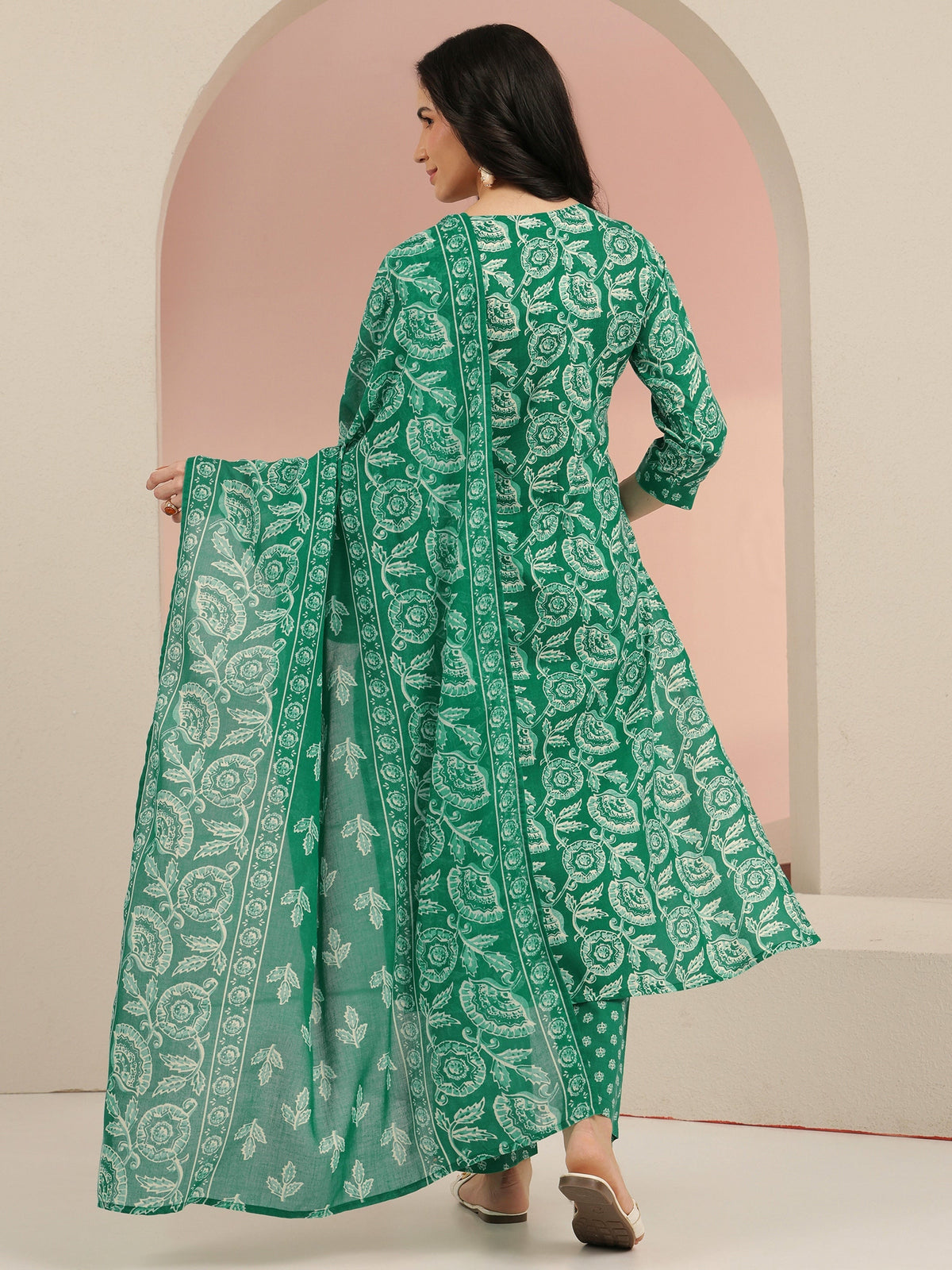 Anouk Emerald Green Printed Cotton Straight Suit Set