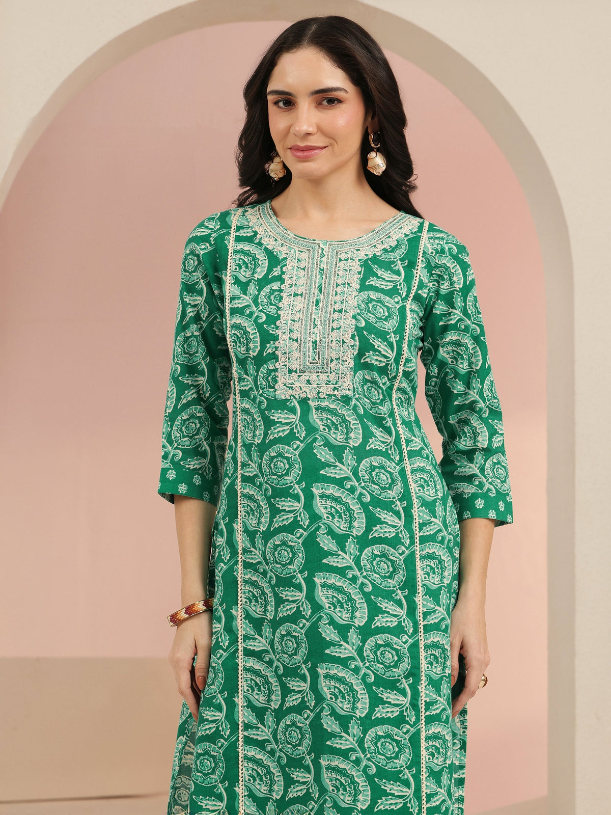 Anouk Emerald Green Printed Cotton Straight Suit Set