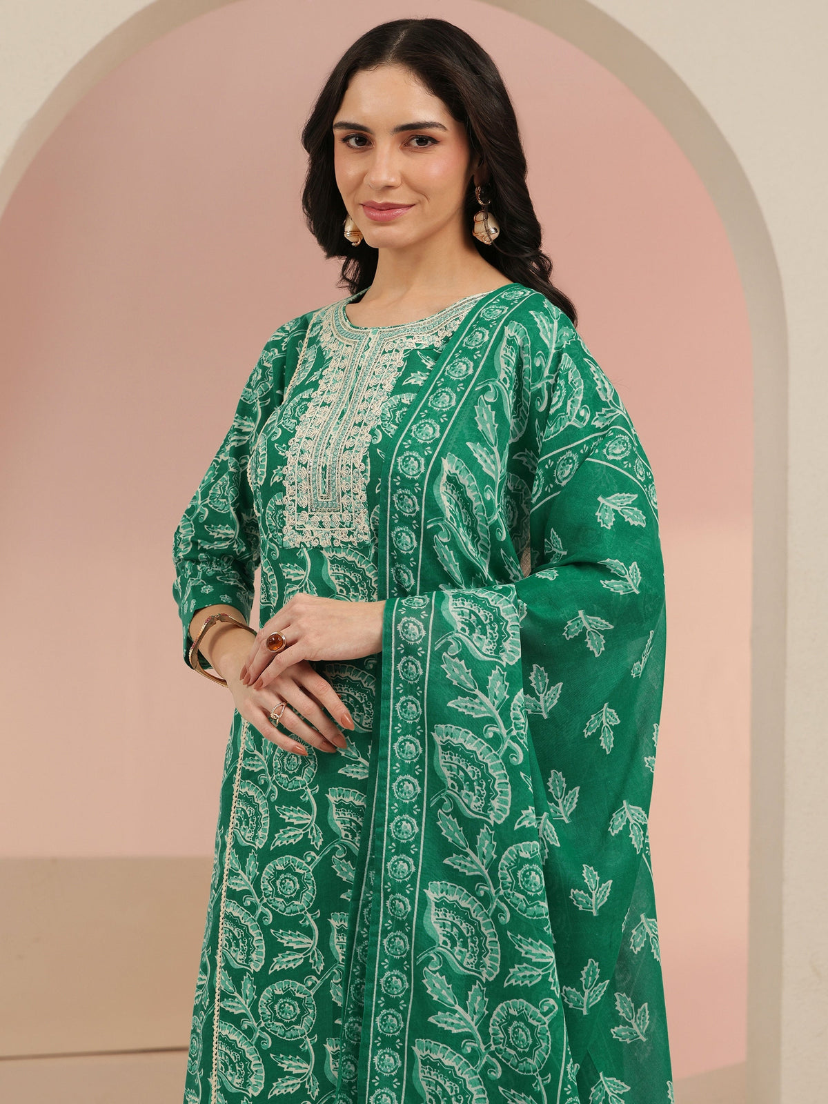 Anouk Emerald Green Printed Cotton Straight Suit Set