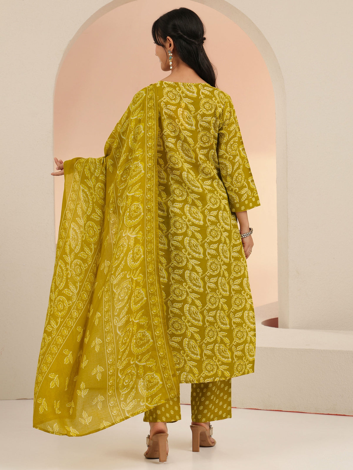 Anouk Mustard Floral Printed Cotton Straight Suit Set