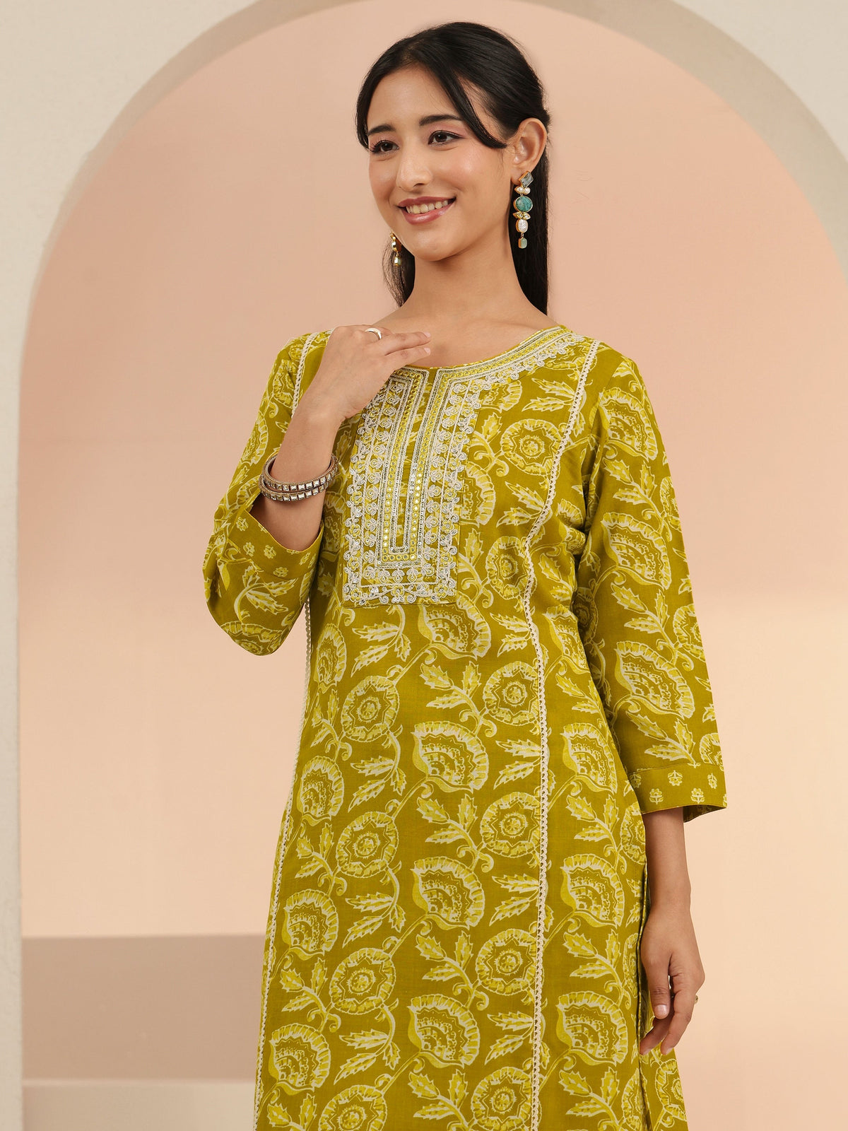 Anouk Mustard Floral Printed Cotton Straight Suit Set
