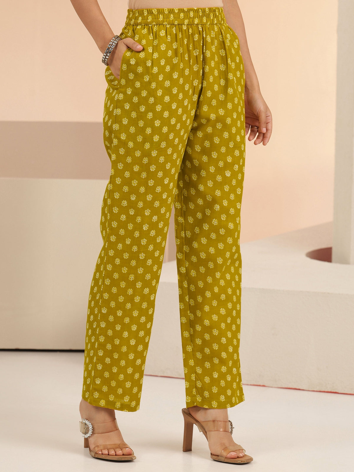 Anouk Mustard Floral Printed Cotton Straight Suit Set