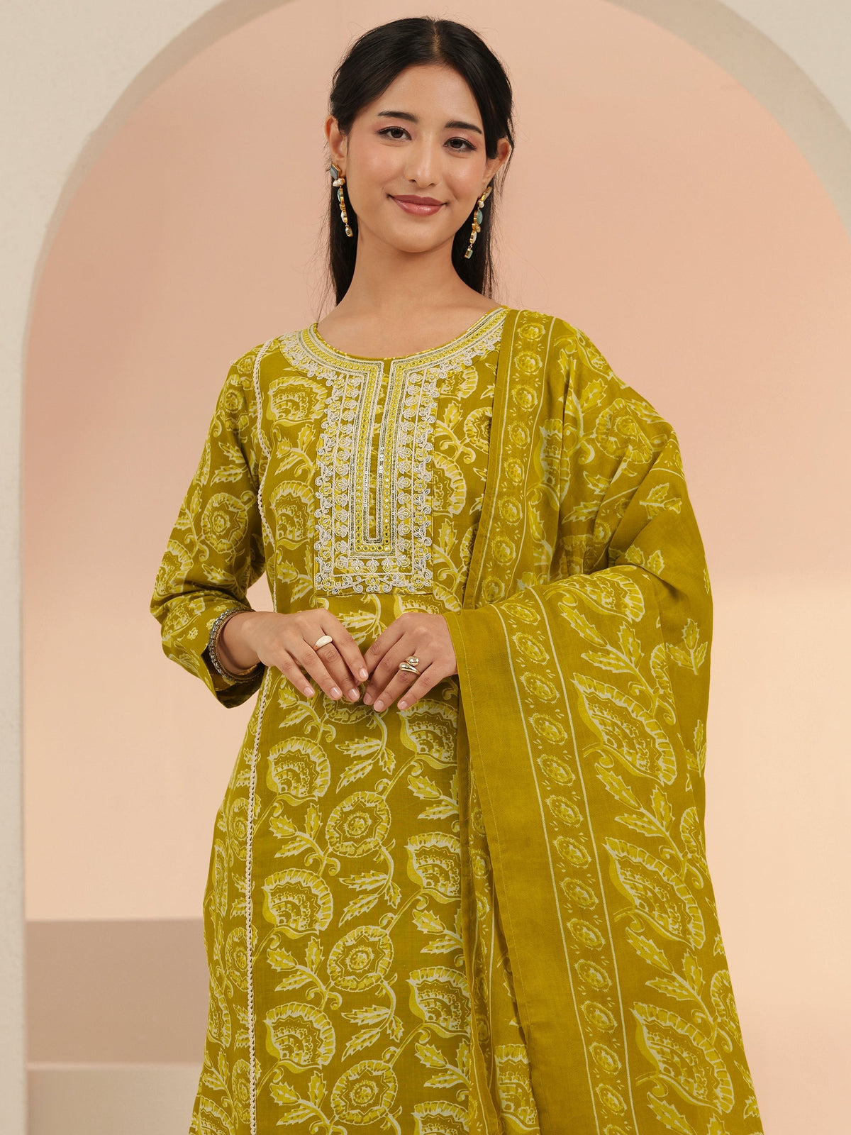 Anouk Mustard Floral Printed Cotton Straight Suit Set