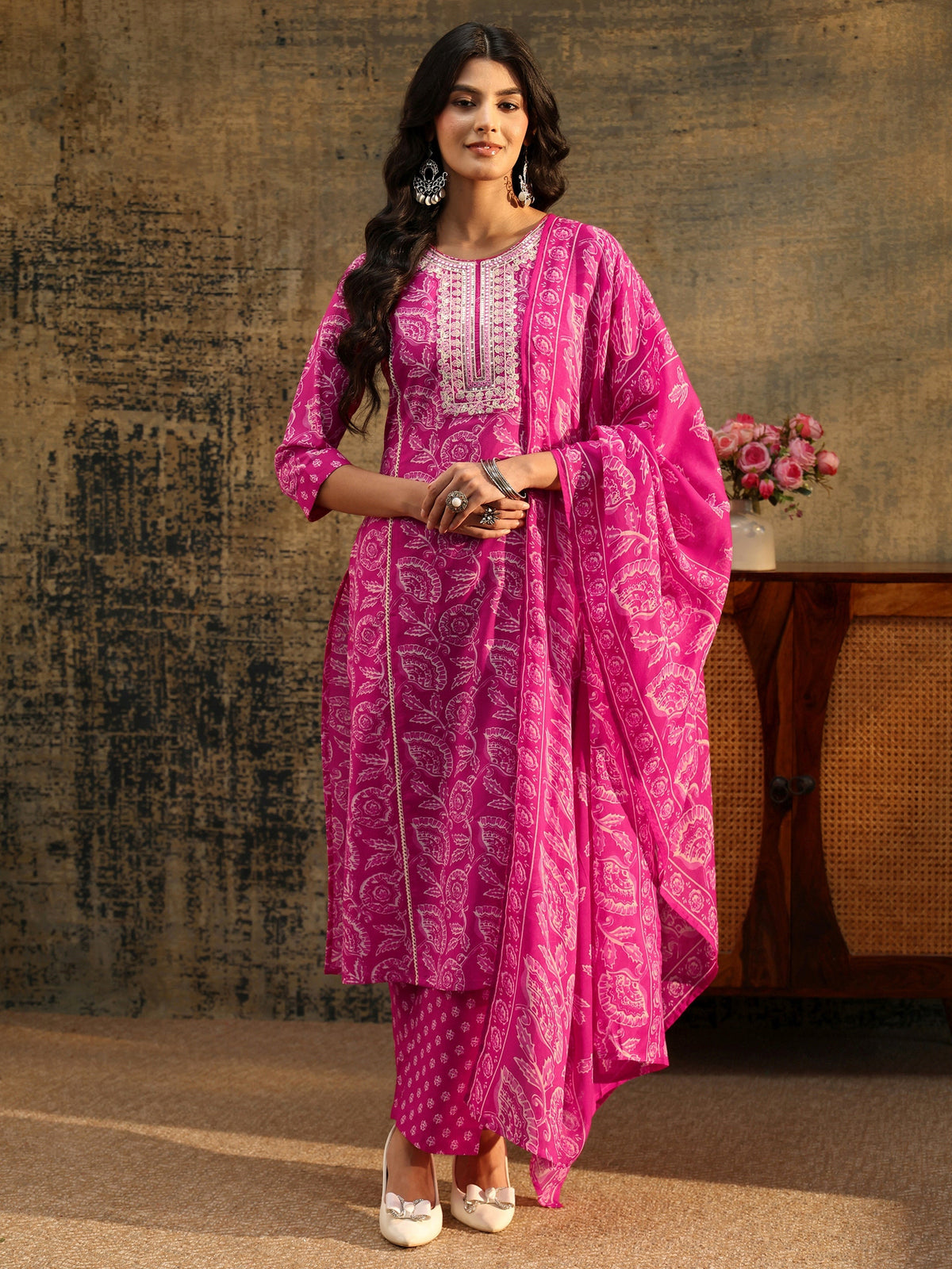 Anouk Magenta Floral Printed Cotton Straight Suit Set