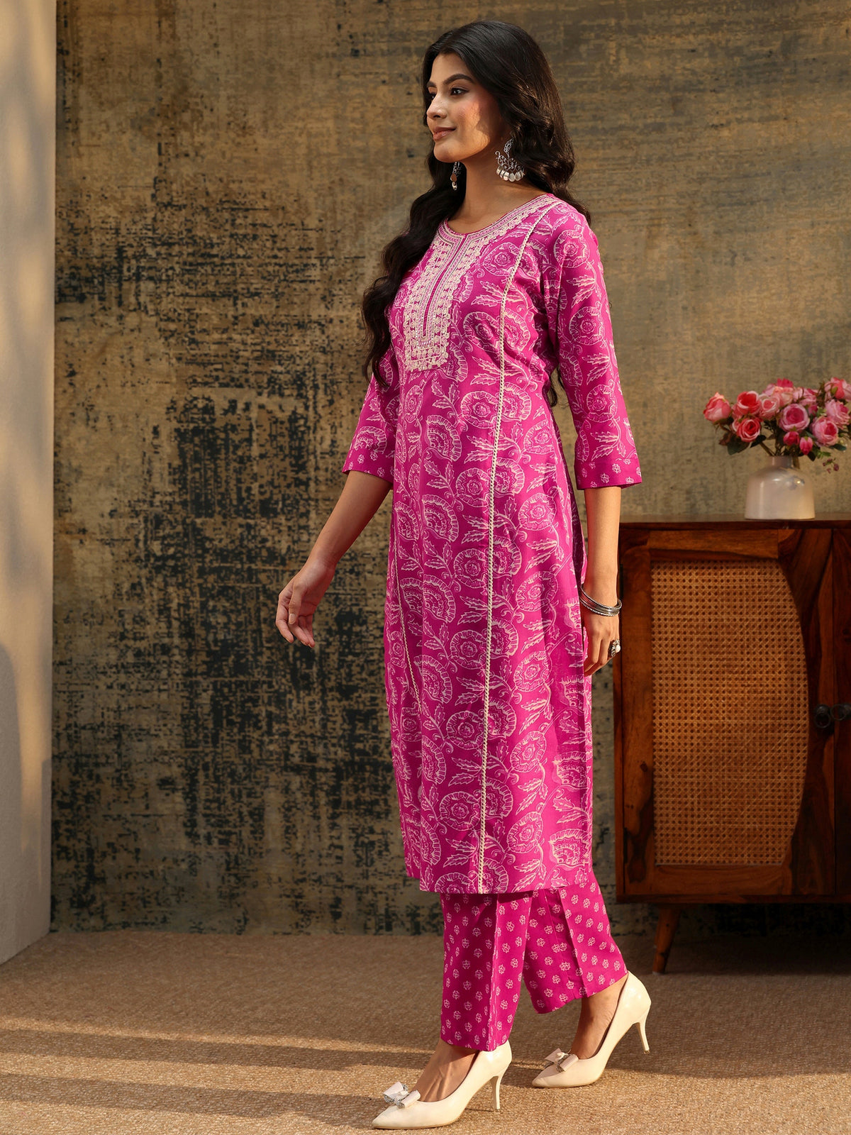 Anouk Magenta Floral Printed Cotton Straight Suit Set